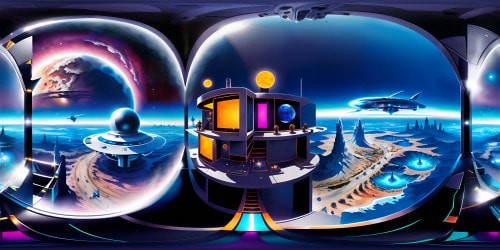 VR360 futuristic theatre, glistening chrome accents, glass-paneled floor revealing bustling tech below, VR360 overhead dome encased in cosmic panorama, nuclear winter backdrop. Ultra high-res, modern masterpiece in Pixar-style rendering.
