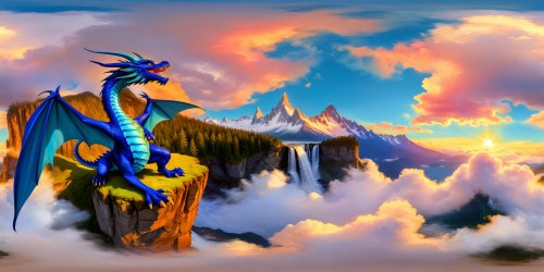 A tranquil sapphire blue dragon rests beside you on a cliff's edge, overlooking a flawless panoramic vista of snowy peaks, glistening waterfalls, and lush pine forests, while a kaleidoscope of vibrant dragons elegantly soar through the colorful skies above, encompassing an ultra-high resolution, breathtaking masterpiece of unparalleled quality.