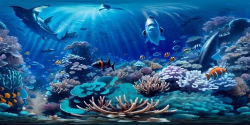 VR360 view: vast azure ocean, colossal marlin dominating, iridescent scales glimmering. Photo-realistic style, ultra-high resolution. Contrasting: diminutive clownfish, vibrant hues, Pixar-esque charm. Masterpiece, VR360 backdrop: expansive marine vista, intricate coral architecture below.