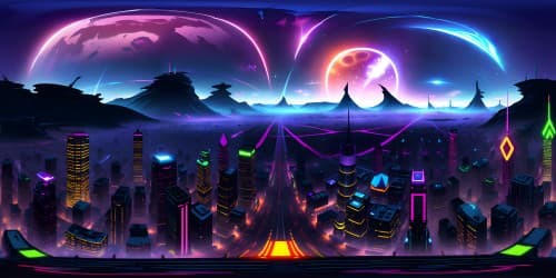 Masterpiece quality VR360, ultra high-resolution, loft view, cyber punk cityscape, holographic waifus towering, neon hues, skyscrapers encrusted with digital projections. City's pulse in VR360, edgy, futuristic anime style.