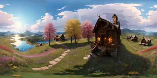 cabin on a hill over looking a field of colorful flowers and distant lake with autumn leaves sunset in the horizon skyview