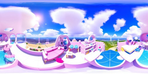 HELLO KITTY-themed mansion, ultra-high resolution, candy-colored pastels, iconic bows, hearts, and star shapes, stairs of fluffy clouds, towering cute-struck chimneys. Hyperrealist, VR360-focus, dreamy jewel tones, Sweet Lolita fashion influence, majestically plush, immersive VR360 view. Picture-perfect details, ideal for masterpiece quality.