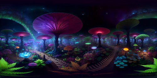 VR360 panorama of an alien planet, bioluminescent flora illumination, radiant neon hues, colossal glowing mushrooms, luminescent fern clusters. Swirling foreign sky, celestial bodies, vibrant nebula streaks. Masterpiece quality, ultra-high resolution, Pixar-style interpretation. VR360 view, a delightful blend of real and fantastical.