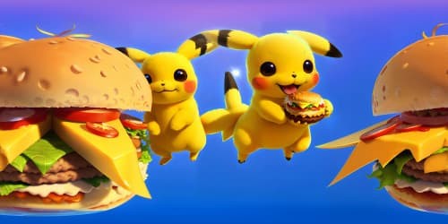 Pixar-style Pikachu, fluffy, soft yellow fur, holding cheese hamburger, small, detailed. VR360 view, high resolution, artistic masterpiece, vibrant colors, engaging foreground, expansive surroundings.