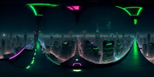 Matrix-inspired digital reality, proliferating green code, VR360 depth. Sleek, illuminated cityscape silhouette, cascade of neon constellations. VR360 ultra-high resolution, masterpiece-quality artistry.