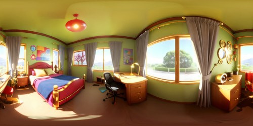 VR360 masterwork of 1970s bedroom, retro wallpaper patterns, bulky tube TV, psychedelic posters. Rotary phone, avocado shag carpet, teak furniture, bead-curtain doorways, lava lamp. Meticulous detailing, ultra high res, VR360 vintage charm. Pixar-style animation, vibrant, nostalgic, best quality, meticulous.