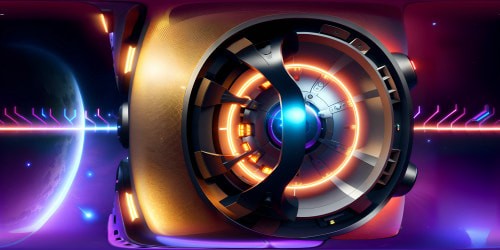 Futuristic space station in VR360, ultra-high-resolution masterpiece, gleaming metallic structures, intricate patterns of lights. Immersive VR360, celestial bodies in backdrop, neon energy fields, hyper-advanced technology aesthetics. Style: modern digital art, glossy, sleek lines, glowing illumination effects.