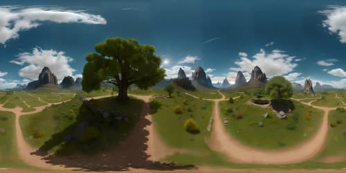 VR360 panorama, lord of the rings-inspired, central lone tree imagery, devoid of forests, mountains. Vibrant sky, high-resolution textures, quality akin to masterpiece art. Enormous tree, intricate detail, ultra high-resolution, epic scale of Middle-Earth ambiance.