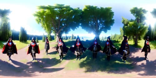 four black sorceresses with magic staffs fighting a red haired witch wearing a hood. the sorceresses are wearing little bikinis with red thigh high boots and capes. one of them has dreadlocks. they have beautiful faces. the landscape is dark and spooky.