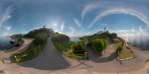 lighthouse on tiny island surrounded by deep blue sea with crashing waves at night with clear sky and shooting stars viewed from the sky