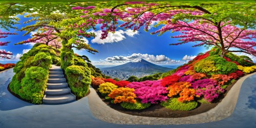 A VR360 botanical garden in Japan, displaying a vibrant, rainbow-hued array of blossoms stretching far below from an elevated skyview perspective, emphasizing the grandeur of the sprawling flora with a Realism style elevated by intensified colors for maximum VR360 allure.