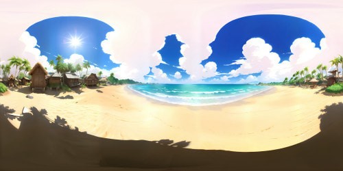 VR360: perfection personified, beach locale, ultra HD. Sand kissed shores, glistening waves, gently swaying palm trees, azure sky. Panoramic Pixar-style, vibrant colors, hyper-real textures, sunlit brilliance. VR360: immersive, pristine beach escapade. cute girl,boobs