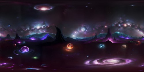 Ultra-HD resolution, VR360 masterpiece, deep space teeming with malevolent energy. Bubbles of dark energy, sinister purple-red fire galaxies. Looming dark blue nebulae, a paradox of darkness and vibrant colors. Evil aesthetics, outer space VR360 view.