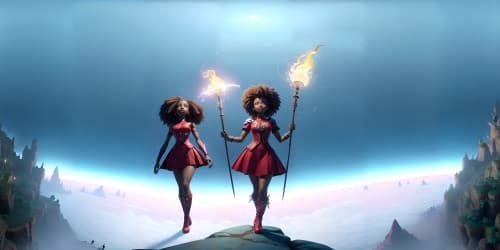 four women wearing white leotards with thigh high boots. they are evil sorceresses'. they are african american women_one woman is carryinga glowing red mace_two of the women have dreadlocksFOUR AFRICAN AMERICAN AMERICAN WOMEN WEARING RED LEOTARDS AND THIGH HIGH BOOTS' THEY ARE WITCHES. ONE HAS DREADLOCKS. ONE WITCH IS CARRYING A FLAMING TRIDENT.