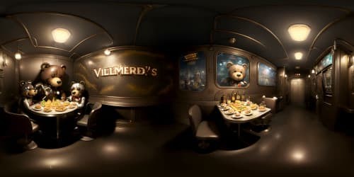 game five night at freddy's restaurant, with u.s. 90s fast food style creepy dark light. with a scary mechanical dark brown teddy bear