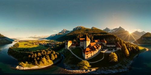 Immaculate, ultra high-resolution landscape of the fantastical world of "The Witcher 3," showcasing sprawling, detailed medieval villages, lush forests, majestic mountains, and serene rivers under a flawless, vibrant sky.