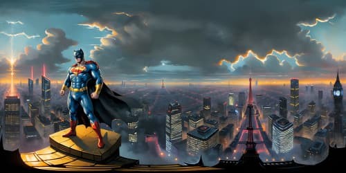 Superman fighting evil Batman over Paris at sunrise