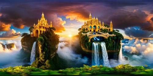 A spectacular floating city majestically suspended amid billowing clouds, gleaming ivory towers adorned with cascading waterfalls and lush hanging gardens, iridescent bridges winding beneath a radiant golden sunset, a flawlessly detailed ultra-high-resolution artistic marvel.