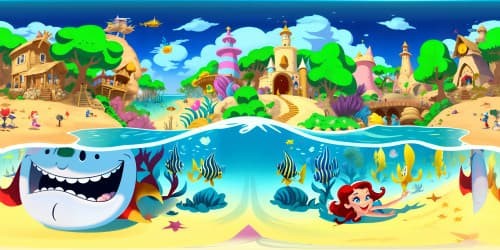 VR360 view, ultra-high resolution, detailed masterpiece. Ariel, the mermaid, seamlessly blending cartoon-charm with realistic textures. Head emerging from the water, vivid sea surrounding, below and above. Pixar-style, enchanting underwater world, beautifully illuminated. Exquisite, top-notch VR360 visual experience, maximum quality.