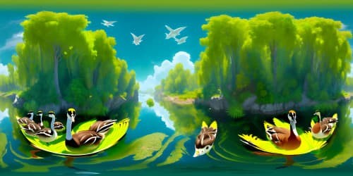 group of ducks in half green and half brown are flying in the sky