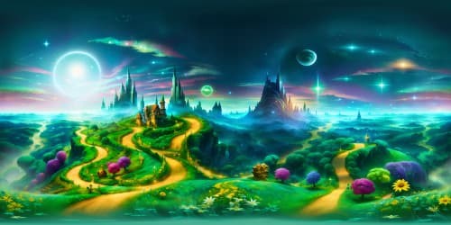 Ultra-high res VR360, masterpiece-style, Emerald City from Wizard of Oz at night, glistening green spires, iridescent domes against starry skies, winding Yellow Brick Road stretching toward horizon, subtle glow emanating from city, VR360 vastness of surrounding Land of Oz