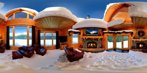 Ideal prompt: Luxurious log cabin interior during a snow-covered winter, shimmering Christmas decor, cozy fireplace emitting a comforting warmth, flawless snowy landscape outside the frost-kissed window, ultra high res, a true masterpiece.