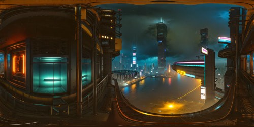 A neon-lit cyberpunk metropolis engulfed in a torrential downpour at night, gleaming wet streets reflecting holographic signs and flickering lights, towering skyscrapers disappearing into the ominous storm clouds, a high-resolution dystopian masterpiece.