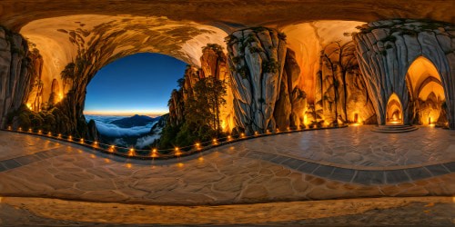 A flawless, ultra high-resolution depiction of a majestic circular granite cave, its imposing stone walls adorned with twelve intricate human-sized vaulted arches, each aglow with flickering torchlight, leading the eye towards a central rock bearing a vertically planted sword, bathed in an ethereal spotlight, evoking an aura of enigmatic mystery and primal power.