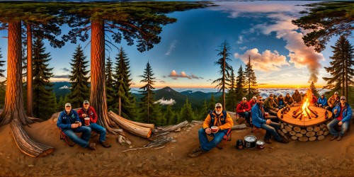 A flawless, high-resolution masterpiece capturing a group of lifelong adult friends enjoying a beer at a scout campsite, under the golden glow of a crackling campfire, surrounded by towering pine trees, nostalgic laughter, and endless memories.