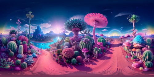 VR360 desert landscape, neon cacti, manta-ray populated sky, trippy color palette. A lizards in glasses, VR360 choice perspective: route one, ride a flamingo, melting rainbow tunnel, Las Vegas hint. Route two, follow talking pineapple, tie-dye reality, mushroom structures, lava lamp ambiance. Surrealistic masterpiece, ultra-high resolution.