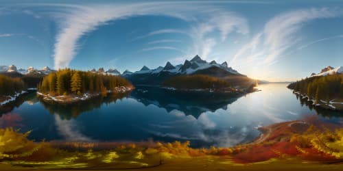 Hyper-realistic VR360 art, ultra-high res, radiant golden sunset over shimmering lake. Encircled by dense, emerald forest, distant mountains topped with diamond-like snow. VR360 masterpiece, lustrous sunset reflections intensifying scene's opulence, hyper-realism style omnipresent.