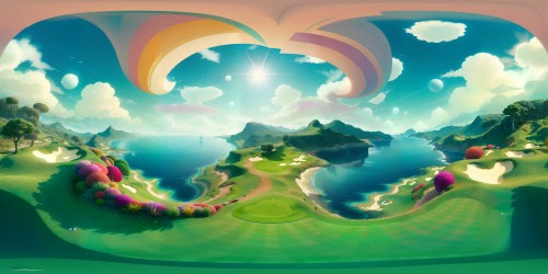 Masterpiece quality, ultra-high-res VR360: Championship golf course, lush fairways, strategic bunkers, rolling greens. Surreal ocean panorama, tranquil waves, distant horizon. Pixilated style, vibrant colors, fine details, minimalistic elegance in golf elements. Enthralling VR360 immersion.