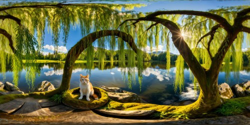 An immaculate, ultra-high resolution portrayal of a majestic willow tree gracefully casting dappled shadows over a tranquil pond, where a cat elegantly perches on a moss-covered branch as a loyal dog frolics in the crystalline waters.