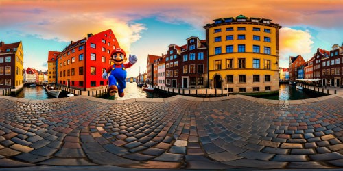 Iconic Super Mario jumping across the historic Nyhavn harbor in Copenhagen, colossal Danish buildings painted in vibrant hues, cobblestone streets, pastel sky, meticulously detailed cityscape, majestic scale, glorious.