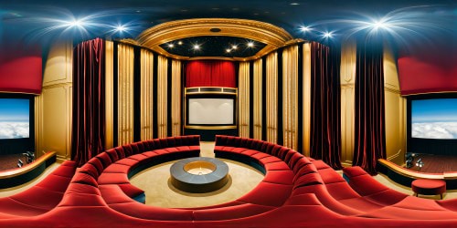 Luxurious cinema sala with opulent velvet curtains, plush seating under dazzling chandeliers, showcasing an immense, flawlessly crisp ultra-defined screen, inviting viewers into a realm of unparalleled cinematic grandeur.