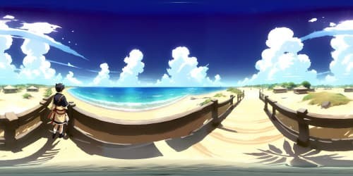 Masterpiece quality, Raiden Shogun-inspired beach, VR360 ultra high resolution, expansive VR360 views of fantasy-tinged ocean, enormous sky, finely detailed Genshin-like clouds, hints of ethereal Samurai elements