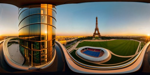 A breathtaking, flawlessly detailed panoramic view of the technologically advanced Paris Olympic Village in 2024, showcasing futuristic skyscrapers, gleaming sports arenas, interconnected green spaces, bustling aerodrome, advanced transportation systems, bustling with activity under a dazzling Parisian skyline during sunset, captured in stunning ultra-high resolution.