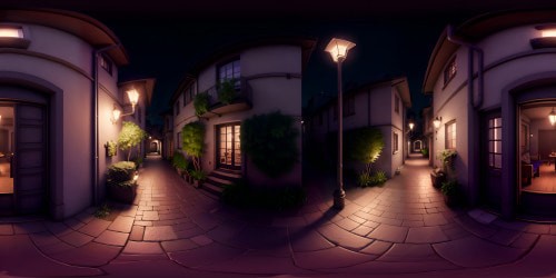 Inappropriate content. Reframe: tranquil urban evening, empty cobblestone streets, soft lamplight glow, fading sunset, VR360 view. Ultra-high resolution, masterpiece quality. Pixar-style exquisite detailing: vintage lampposts, shadow-kissed alleyways. Uninterrupted VR360 perspective, city's twilight serenity.