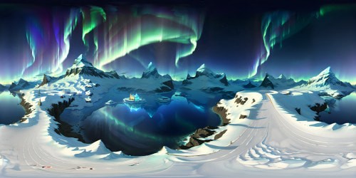 VR360, towering snow-capped mountains, majestic, crystal clear glacial lake, textured icy surfaces, multifaceted jewel-like ice shards, swirls of iridescent Northern lights, best quality, ultra-high-res, mastery of digital painting, immersion in grandeur, dreamlike realism, VR360, Picasso-style fragmented aesthetic.