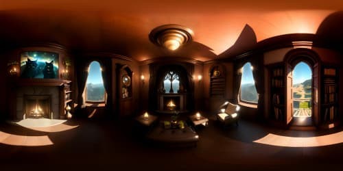 Ultra high-res masterpiece, vast VR360 library interior, gothic romantic decor. Roaring fireplace, large plush armchair, black cat in repose. Sky dome roof, VR360 view, captivating nebula night sky, immersive celestial panorama. Detailed illumination, fire's glow on ancient tomes. No humans, no sound.