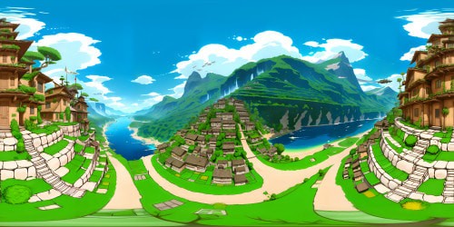 Konoha village, ultra-high-res, VR360 masterpiece art-style, Naruto-inspired, detailed layered rooftops, warm hues. Colossal Hokage faces, etched into mountains, dominating the skyline. VR360 leaf-strewn pathways, sprawling, intricate. Anime-style vividness, enriched color palette, expansive VR360 panorama.