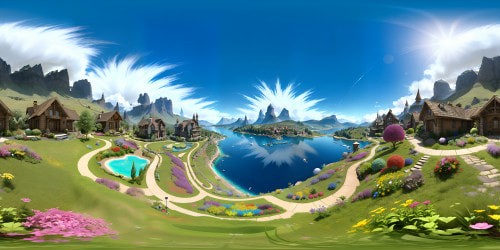 Vibrant colors, VR360 flower garden panorama, hillock charm, photorealistic rendering, picturesque VR360 lake view. Distant snow-capped peaks, ultra-high res, apex quality. Luxurious modernity against rustic allure, perfect harmony in VR360. Grandeur, high-tech execution, a touch of nostalgia.