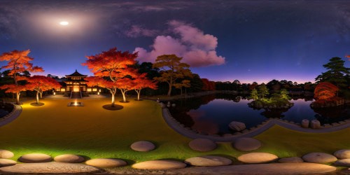 Gazing upon a flawlessly rendered, ultra high-res vista of an Edo period Japanese garden under the night sky, bathed in a cozy, warm-toned glow amid autumn. Moon and stars shimmer in the dark, exquisitely manicured with a deep warm color palette of reds, magentas, browns, and orange-yellow hues, evoking a feverishly warm Ghibli-inspired ambiance.