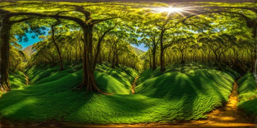 A mesmerizing masterpiece showcasing the lush Maolan Forest, every leaf intricately detailed in ultra-high resolution, sunlight filtering through the dense emerald canopy, vibrant flora dappled in sunlight, a flawless and stunning capture of nature's beauty.