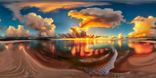 A flawless masterpiece of an ultra-high-resolution sunset at the beach, with golden hues painting the sky, shimmering reflections on the calm sea, velvet sands merging with crystal waters under a sky ablaze with fiery colors.