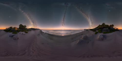 VR360 masterpiece, ultra high-quality, 1am starlit sky, tranquil beach scene, palm tree silhouettes framing view, twinkling constellations, Milky Way streak, depth, clarity. VR360 digital painting style, emphasis on sharp contrasts.