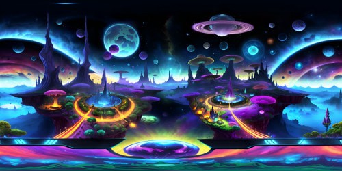 Rick and Morty-inspired VR360 universe, neon galaxies, otherworldly landscapes, abstract dimensions. Alien flora, crystalline structures, floating islands, chaotic portals. Cartoonish rendering, bold lines, vivid colors, acerbic sophistication. VR360 interdimensional, surrealistic journey, iconic sci-fi aesthetic.