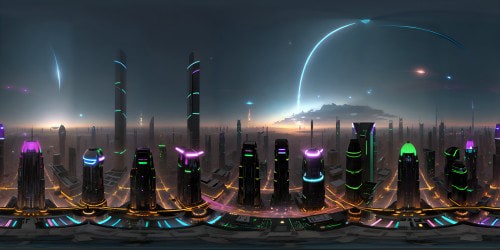 Star Wars-esque cityscape, neon-lit skyscrapers, floating droids, jet trails in night sky. Futuristic architecture, domes, spires, under-glow. Ultra high-res VR360, galaxy backdrop, stellar mist. Masterpiece variety, sharp contrasts, smooth gradients, digital painting style. VR360 cosmos, ethereal luminescence.