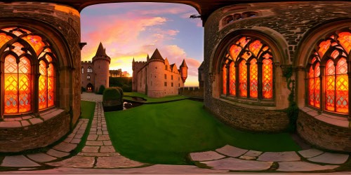 An awe-inspiring and meticulously detailed medieval castle bathed in the warm glow of the setting sun, moss-covered stone walls, shimmering stained glass windows, intricate carvings, a vast moat reflecting the pink and orange hues of the sky.