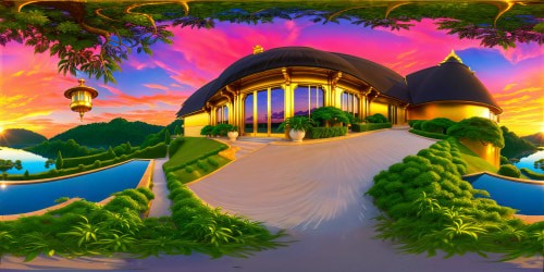 An opulent modern mansion, flawlessly integrated with a serene lake, surrounded by meticulously manicured gardens under a breathtaking golden sunset, depicted in stunning ultra-high resolution to encapsulate the epitome of opulence and serenity.